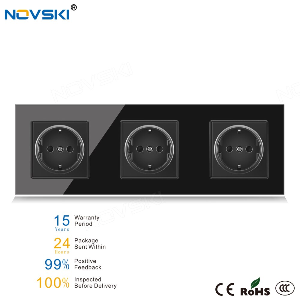 NOVSKI 16A EU Standard Wall Socket Triple Frame Crystal Glass Black Panel 86*258 mm, Hidden LED for USB Charger: Glass Panel no USB