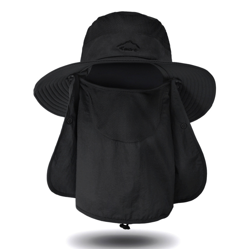 Summer Sun Protection Big Size 62CM Bucket Hats 3-piece Sunscreen Climbing Hat Sun Hat with Neck Flap Removable Fishing Hat: black