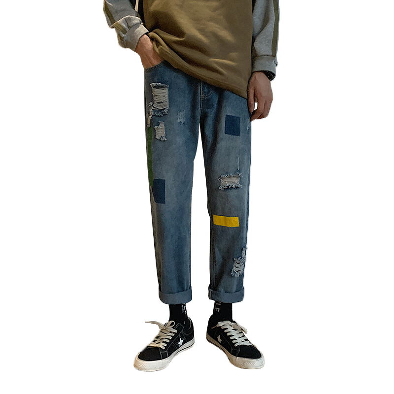 Hip hop mænd vintage jeans harembukser herre japan streetwear strimlet patchwork denim bukser mandlige løse blå jeans 3xl