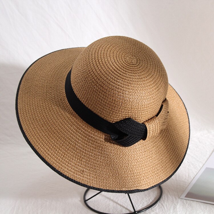 Bowknot sort hvid strå solhat dame sommer strand solskærms hatte oversize bred skygge hatte til kvinder: Stil 1 kaki