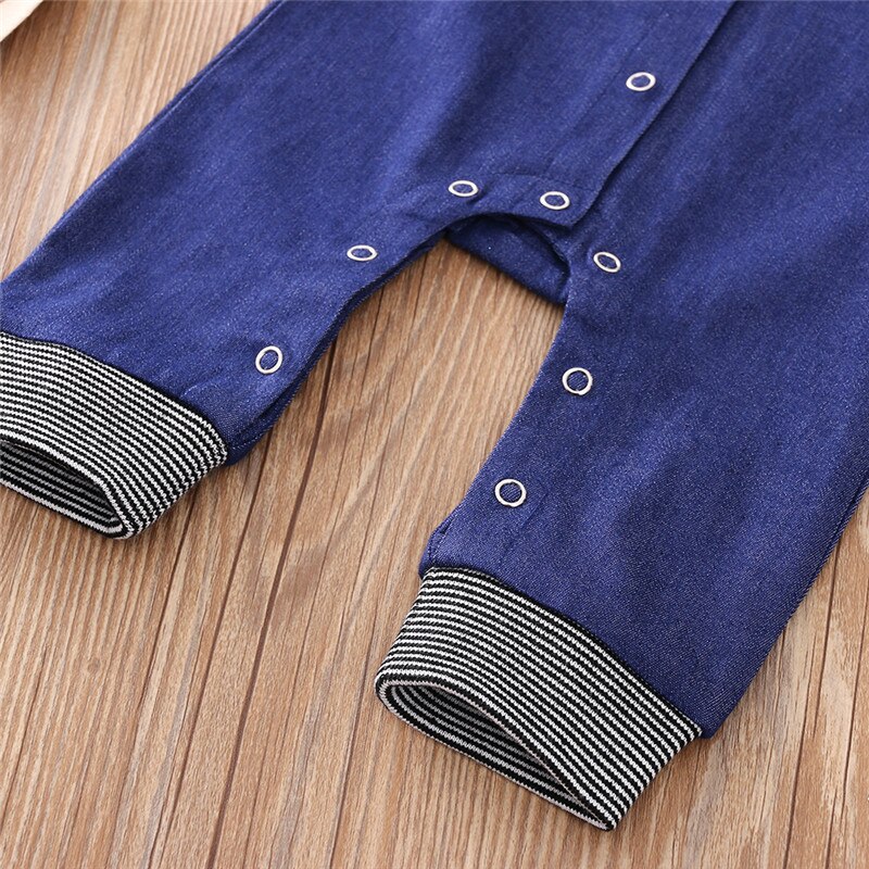Baby Casual Wear Lange Mouwen Denim Jumpsuit Met Terug Brief Afdrukken Voor Peuters Meisjes Jongens Herfst Lente Rompertjes 0-12 Maanden