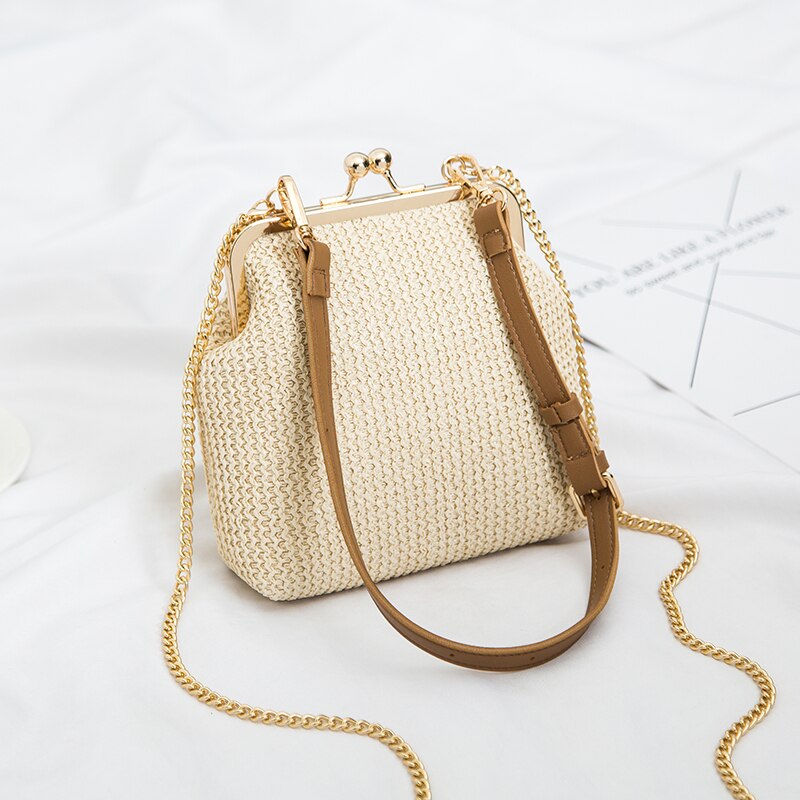 Moda concha saco de palha designer clipe de corrente feminina ombro crossbody sacos rattan bolsas femininas pequeno tecido verão praia bolsas