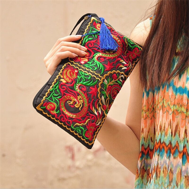 Geborduurd Etnische Nationale Retro Vlinder Bloem Tassen Handtas Vrouwen Portemonnee Lady Clutch Wallet Tassel Portemonnees Houders