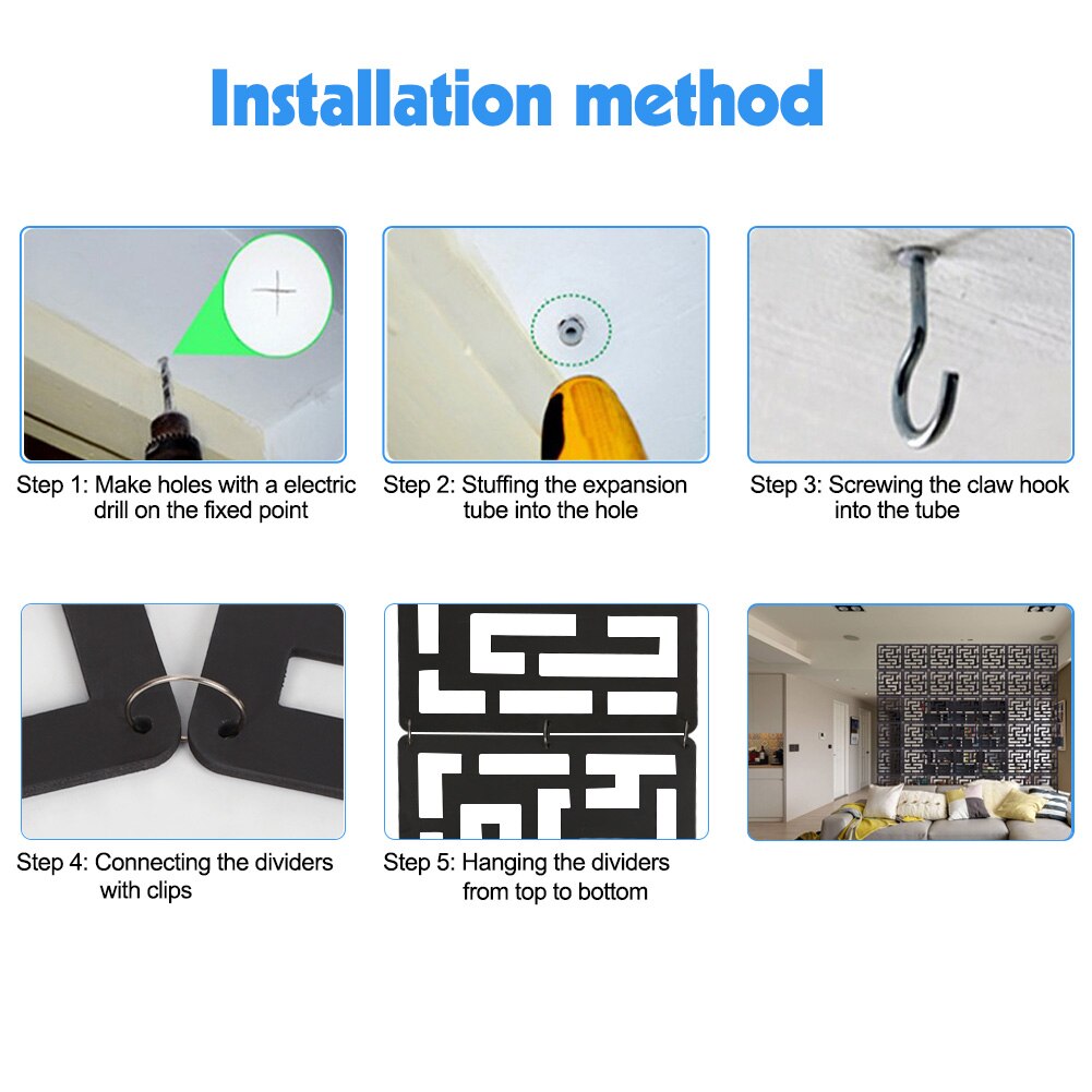 12 Pcs DIY Room Divider Screen Hanging Study Sitting Room Divider Living Room Bedroom Rooms Dining Hotel Bar School Decor Black