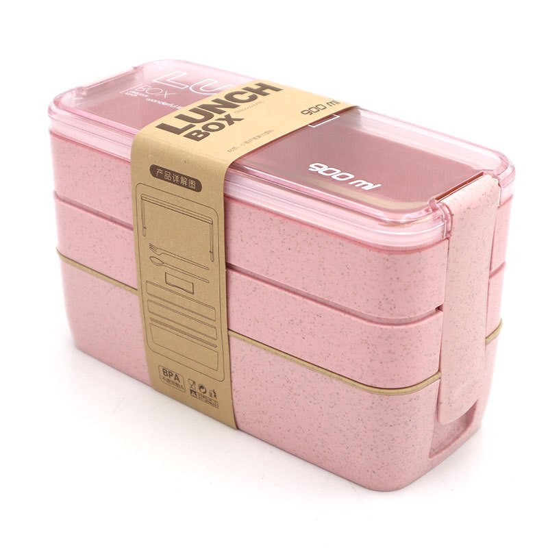 900ml Healthy Material 3 Layers Lunch Box Wheat Straw Bento Boxes Microwave Dinnerware Food Storage Container Lunchbox: 3 Layer Pink New