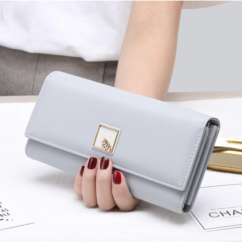Mærke kvinder tegnebøger pu læder taske lang telefon tegnebog blade pose håndtaske til kvinder mønt pung kortholder kobling: Blå