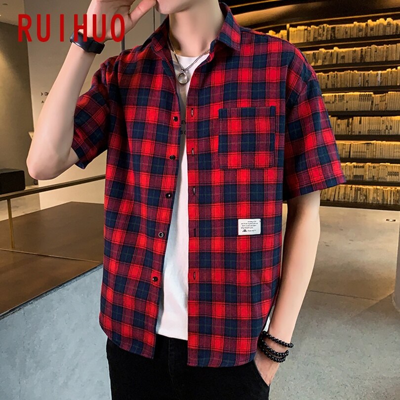 Ruihuo röd svart rutig kortärmad skjorta herr stor storlek hawaiisk kortärmad skjorta man sommarkläder m -4xl: Röd pläd / 4xl
