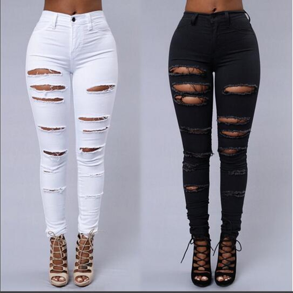 Efterår skinny jeans kvinder denim bukser huller ødelagt knæ blyant bukser casual bukser sort hvid stretch ripped jeans