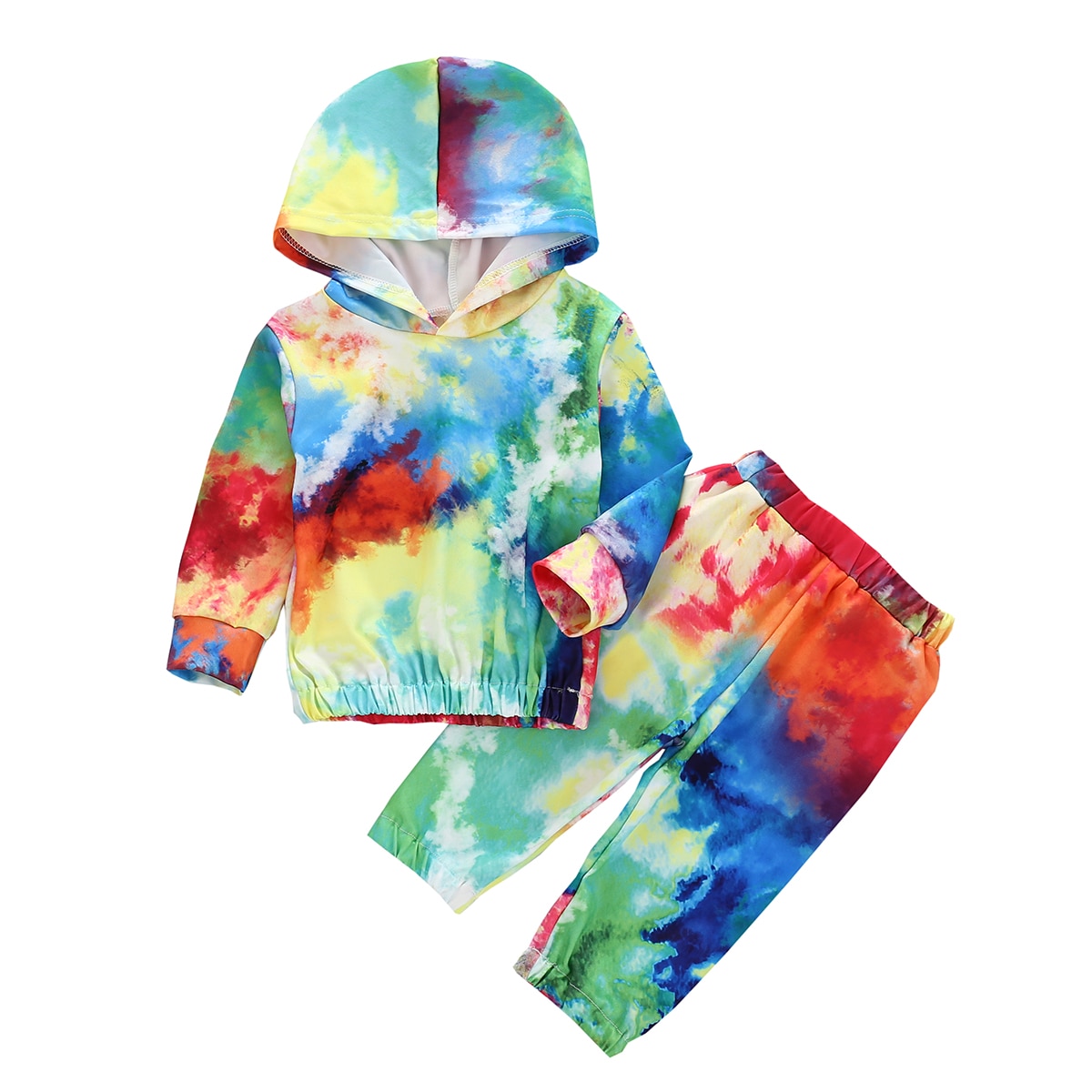 Babyhug 100% Cotton Full Sleeves Hooded T-Shirt & Lounge Pant Set Tie Dye Print- Blue Green & Pink