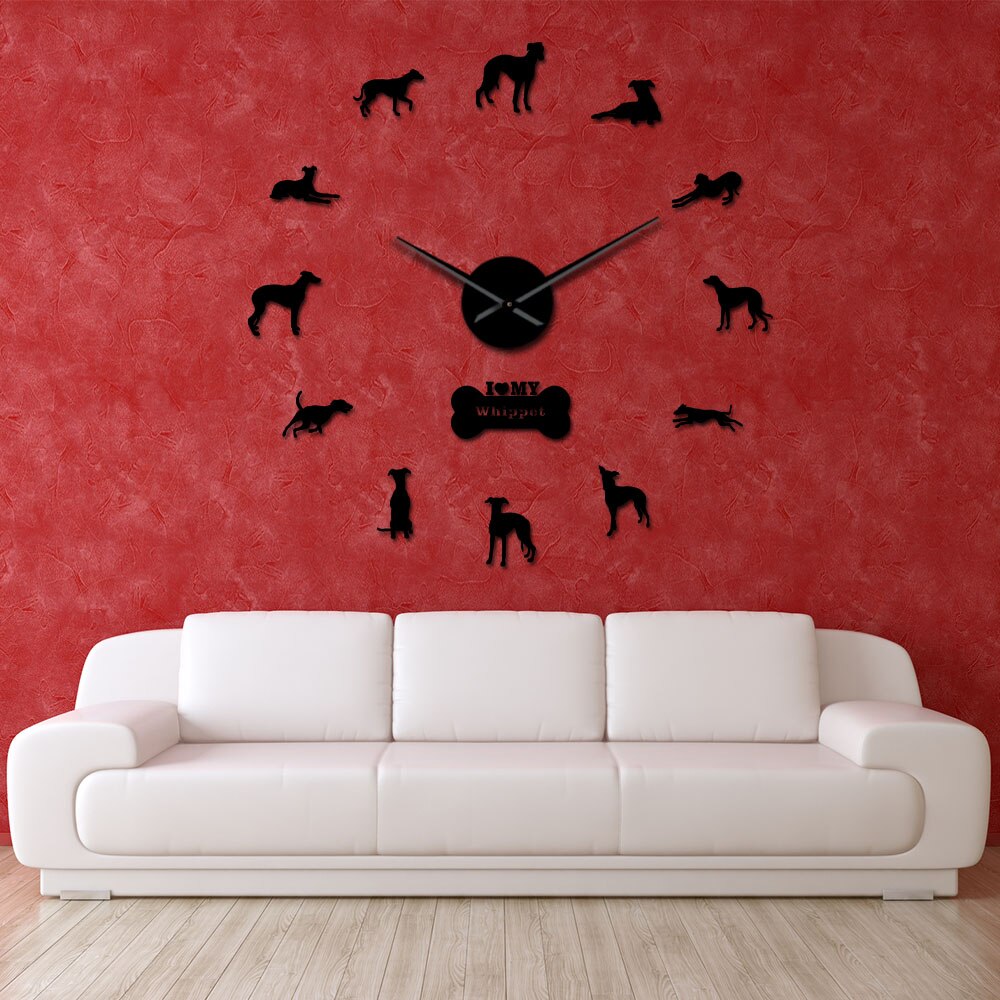 Oversized Whippet Dog Portrait 3D Acrylic DIY Wall Clock Italian Greyhound Canine Animal Mirror Effect Wall Stickers Clock Watch