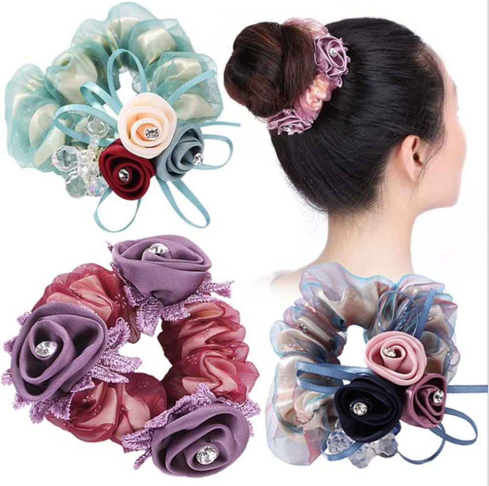 coreana, cuerda para el cabello con perlas, banda para el cabello con flores rosas, lazos para el cabello con diamantes de imitación, banda de goma, joyería para el cabello, accesorios para el cabello para mujer