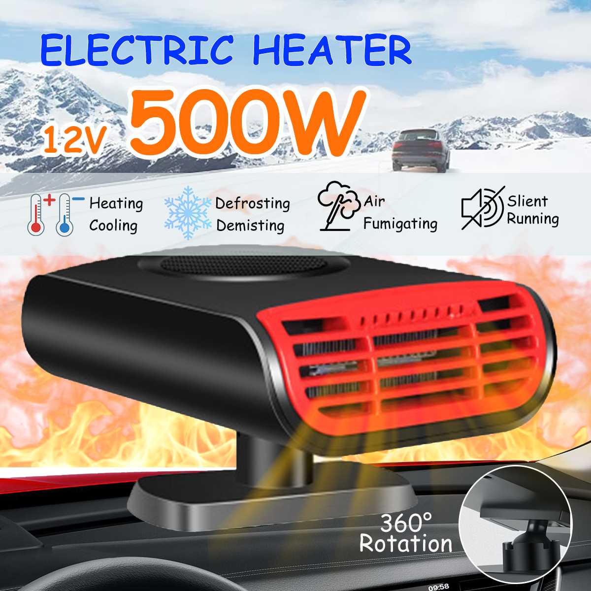 Audew 500w 12v bilvärmare 360 ° rotation värme kylfläkt avfuktare med aromfunktion bilglas defroster