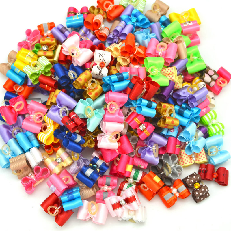 10 unids/lote de lazos para el pelo de perro, banda de goma de colores mezclados, cuidado de gatos hecho a mano para mascotas, cachorros, gatos, Mini accesorios con lazo: Multicolor