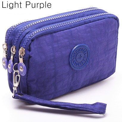 Coin Purse Women Small Wallet Washer Wrinkle Fabric Phone Purse Three Zippers Portable Make Up bag: light purple bag