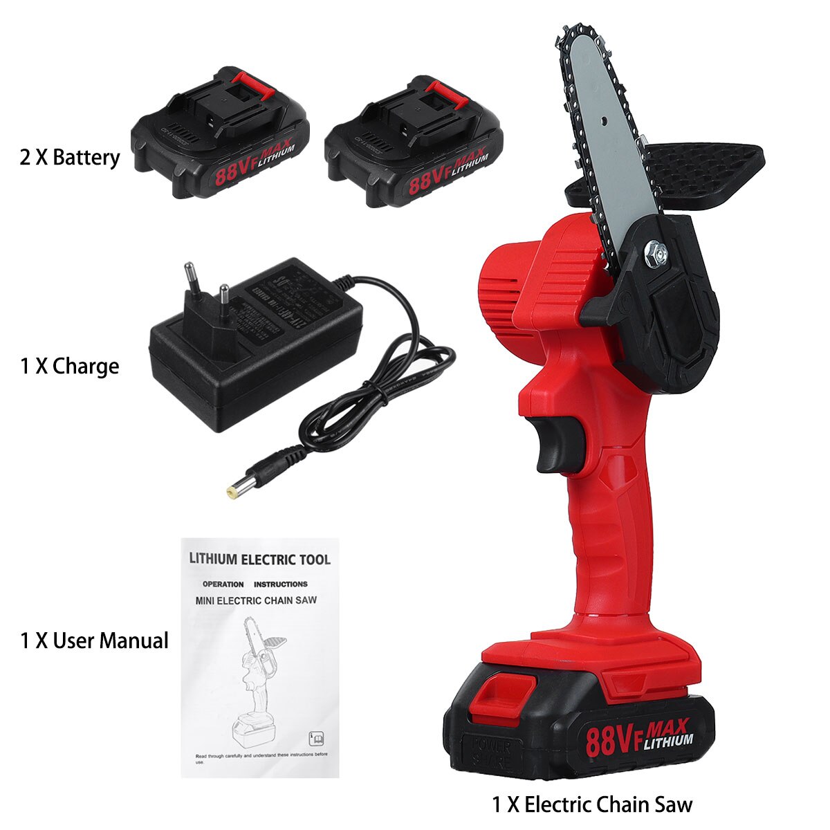 Mini sierras de cadena eléctricas 88VF, motosierra de poda, sierra de corte para árboles de jardín inalámbrica, para cortar madera con batería de litio: Red 2 Battery