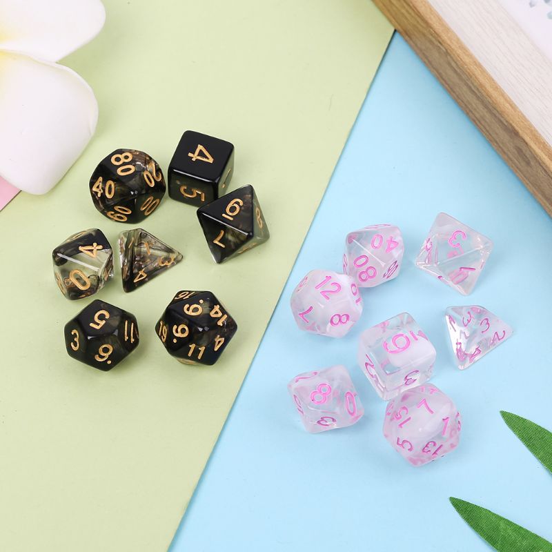7 stuks/set speldobbelstenen transparante dobbelstenen multi-side desktop games party play polyhedral zwart/roze  q22f