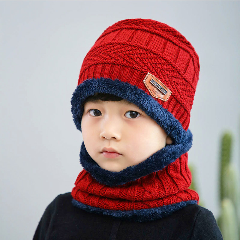 Børns bomuldshue tørklæde pil mønster strik hatte dreng afslappet varm hovedbeklædning plus fløjl fortykkende hagesmæk baby løs: Rød