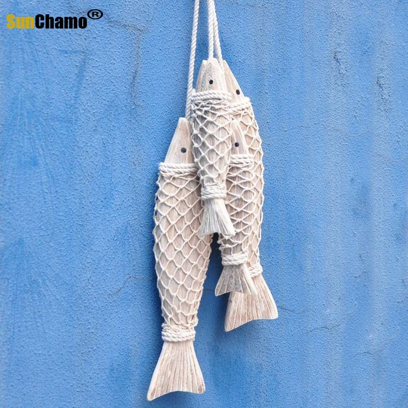 MEDITERRANEAN STYLE HAND CARVED WOODEN FISH WALL HANGING WOOD FISH ORNAMENTS WALL SCULPTURES FOR HOME HANGING DECOR 2PCS/SET