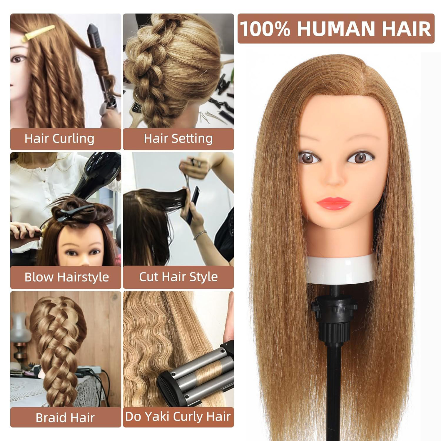 Cabeça de manequim de cabelo 100% real com cabelo humano, cabeleireiro, cosmetologia, manequim, treinamento, prática, estilo, cabeça de boneca