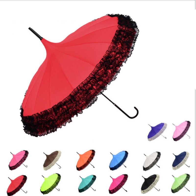 Princess Lace Pagoda Umbrellas For Straight Bar Semi Automatic Long Handle Hook Rain Gear Lady Sunshade Unbrellas Women Parasol