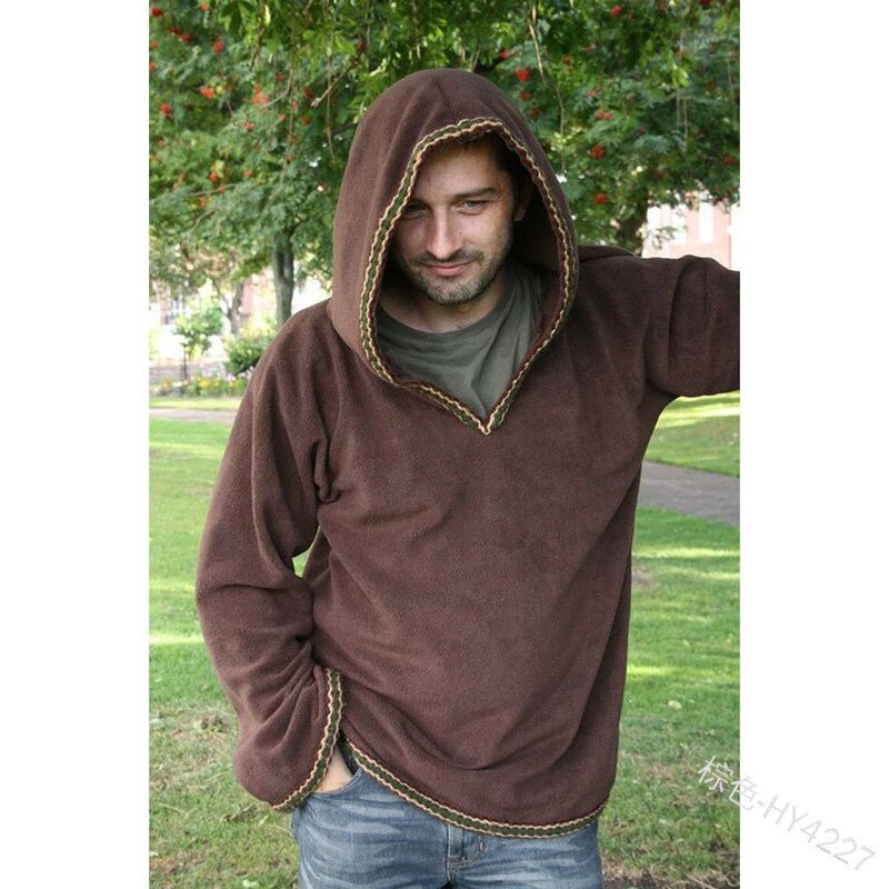 Halloween Erwachsene Männer mittelalterlich Ritter Krieger Kostüm Braun Schwarz Tunika Kleidung normannisch Ritter flechten Wikinger Pirat sächsisch Hemd: Braun / M