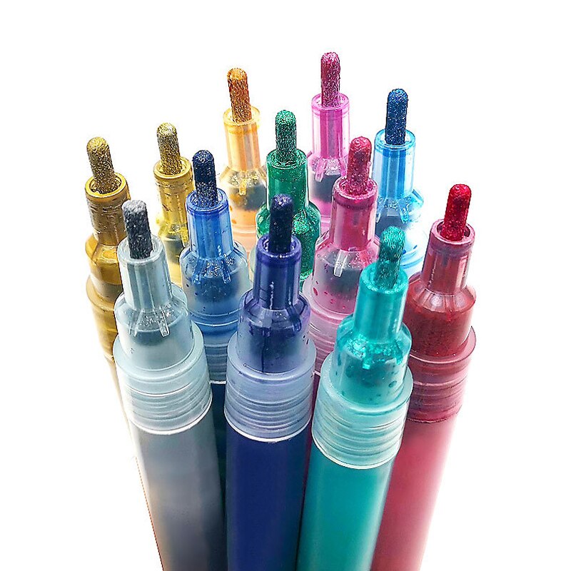 12 kpl/setti glitter väri 2mm markkeri kynä kiiltävä piirustuskynät pigmenttimuste scrapbooking musta kortti koulutaidetarvikkeet paperitavarat