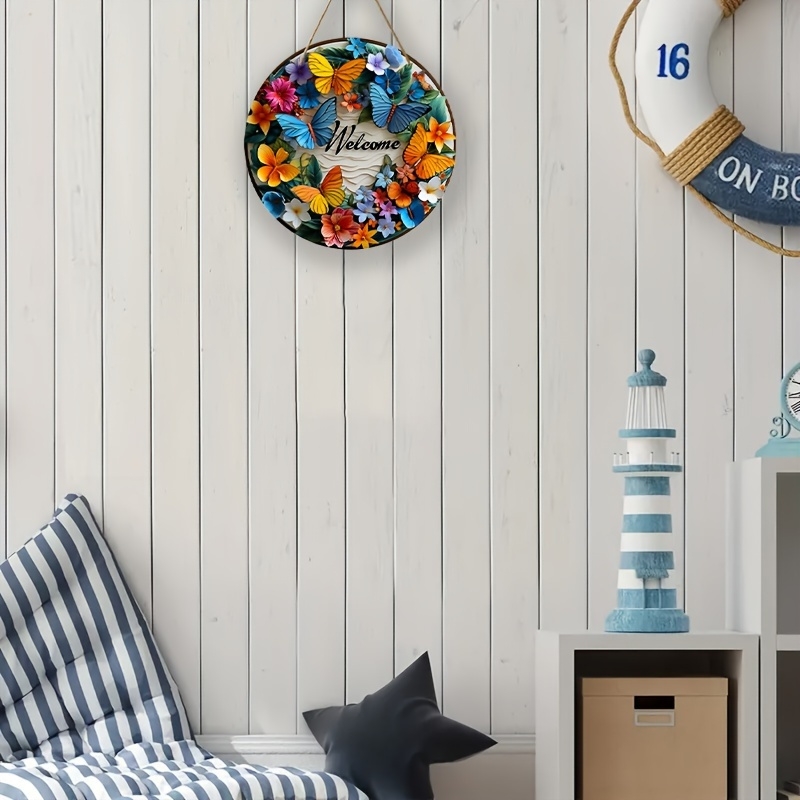 8-calowy drewniany okrągły znak powitalny z kwiatowym motylkowym wzorem Kolorowy nadruk 2D Tablica na drzwi Kawiarnia Dekoracja prezentu