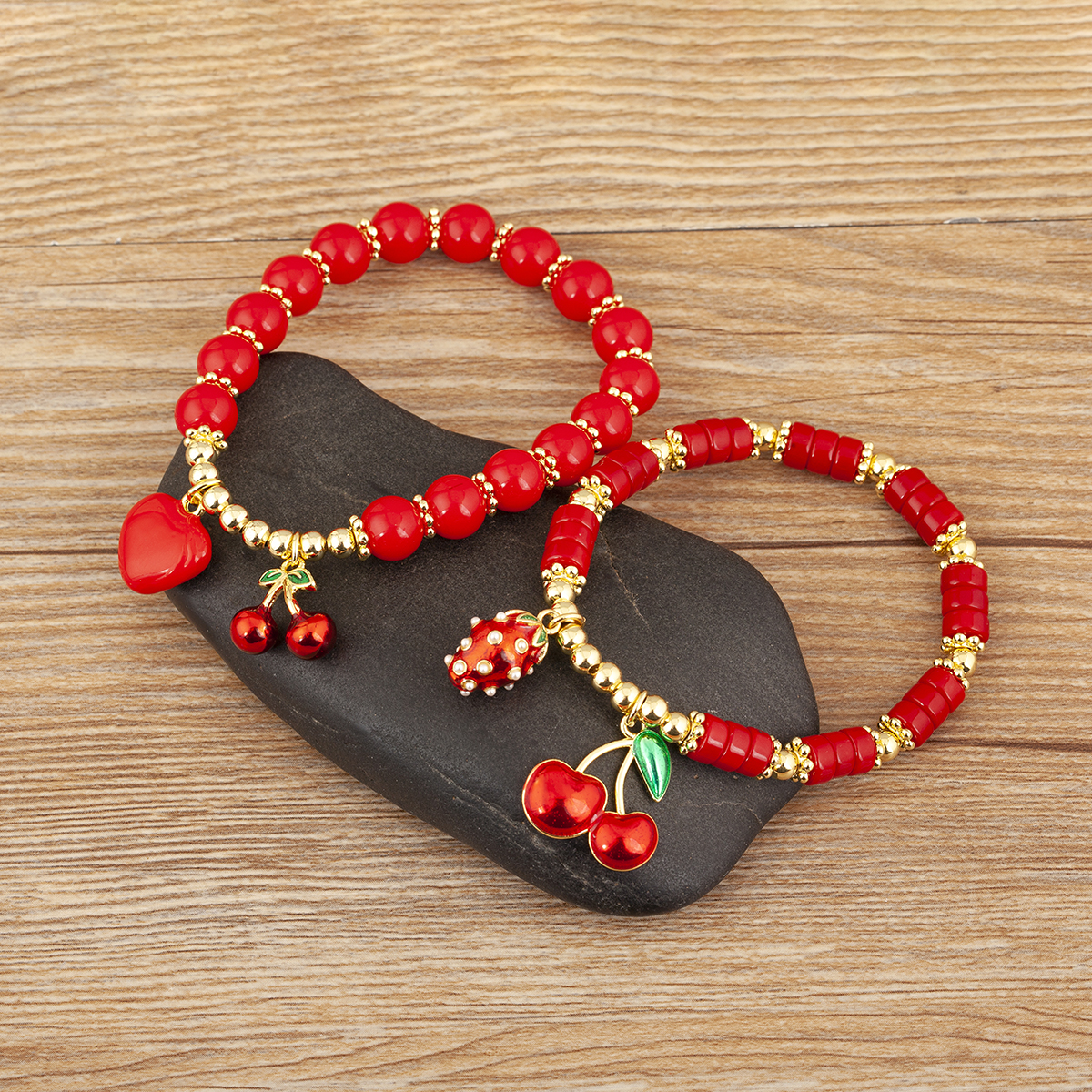 Nidin moda cereja forma coração contas vermelhas corrente pulseira para mulher 3 estilos escolha diariamente versátil jóias acessórios presentes
