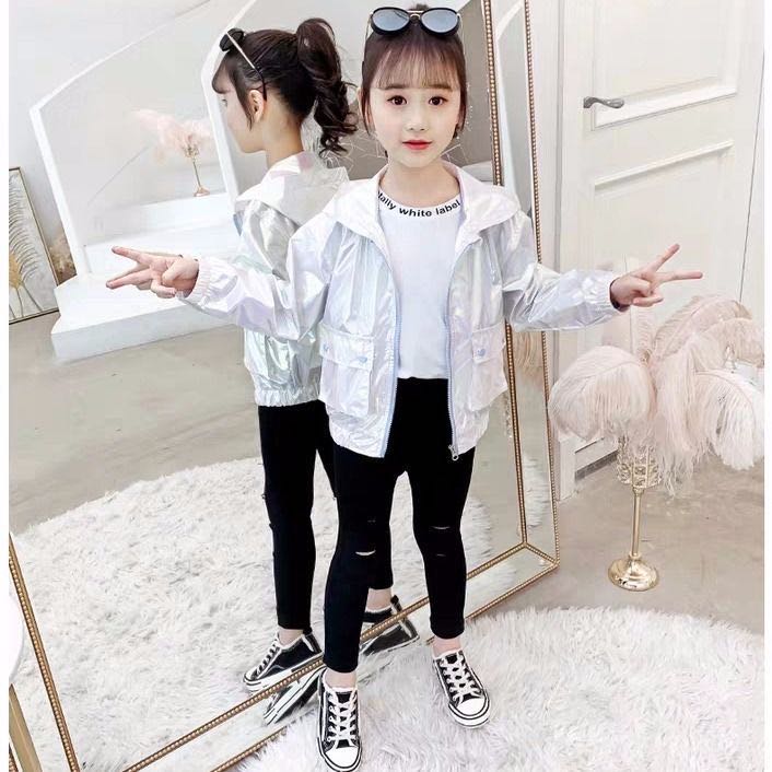 Pigens forår frakke ungdom hvid lynlås hættetrøje tøj koreansk baby lille pige farverige lyse læder pu jakke: Hvid / 100-110cm