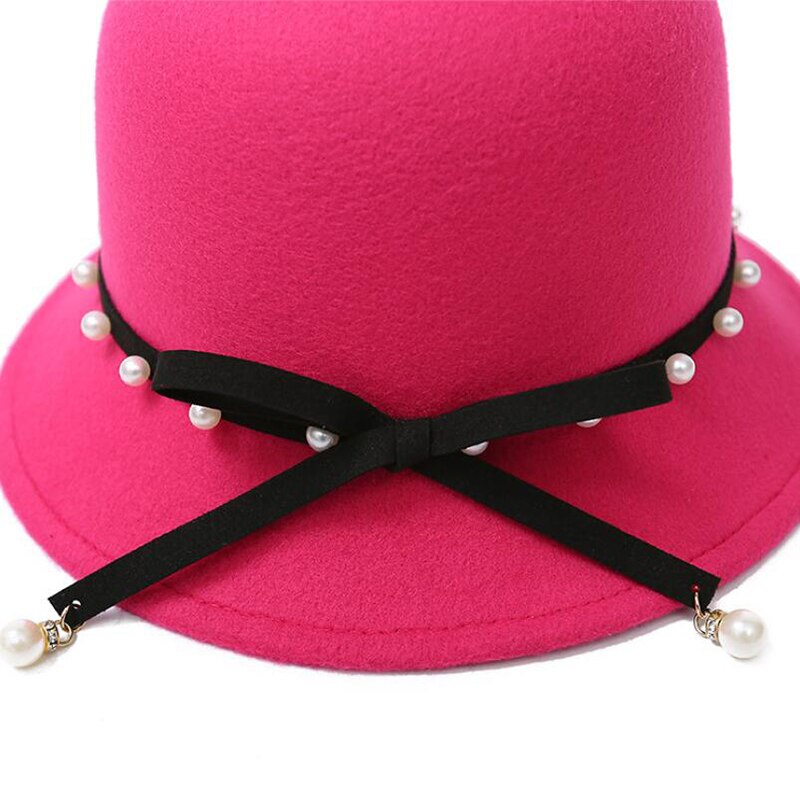 Mode Australische Wollen Fedora Hoed Strik Parel Hanger Noble Bowler Hoeden Voor Vrouwen Wide Brim Formele Kerk Cloche Hoed