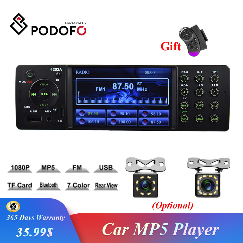 Radio Estéreo Podofo 1 Din para coche de 4 pulgadas, Radio para coche 4202A, Autoradio con Bluetooth, USB, SD, Aux, FM, receptor manos libres, reproductor de vídeo MP5 HD en tablero