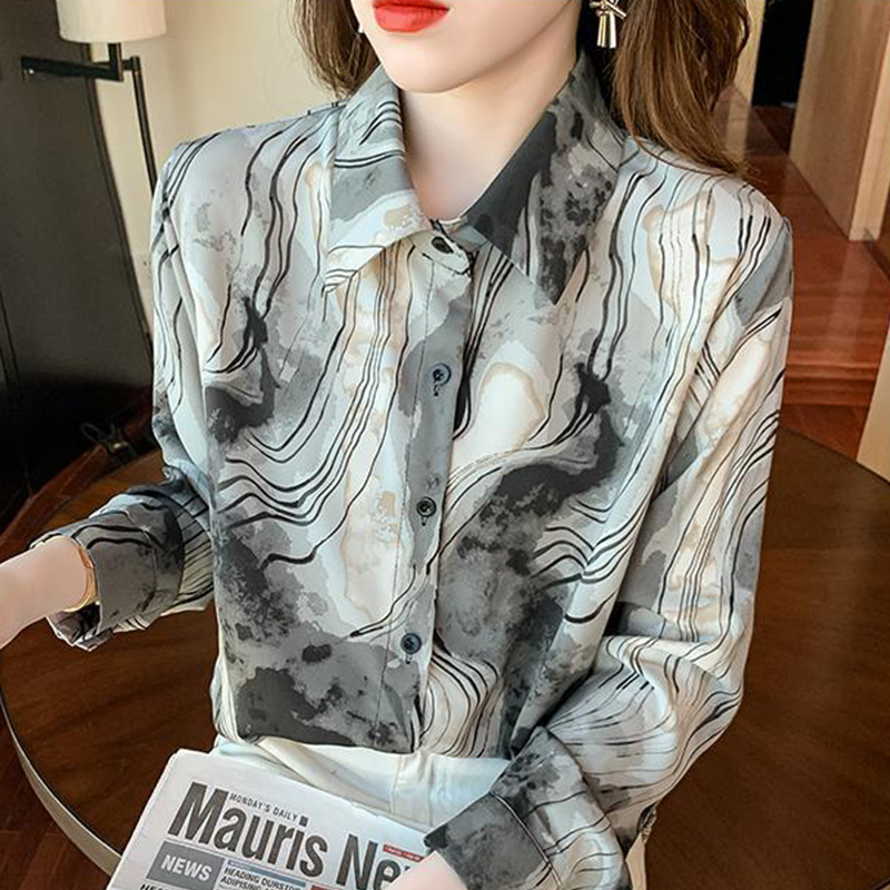 Spring Autumn Lapel Vintage Tie Dye Blouse Femme Long Sleeve Single Breasted Print Chiffon Shirt All-match Casual Blusa