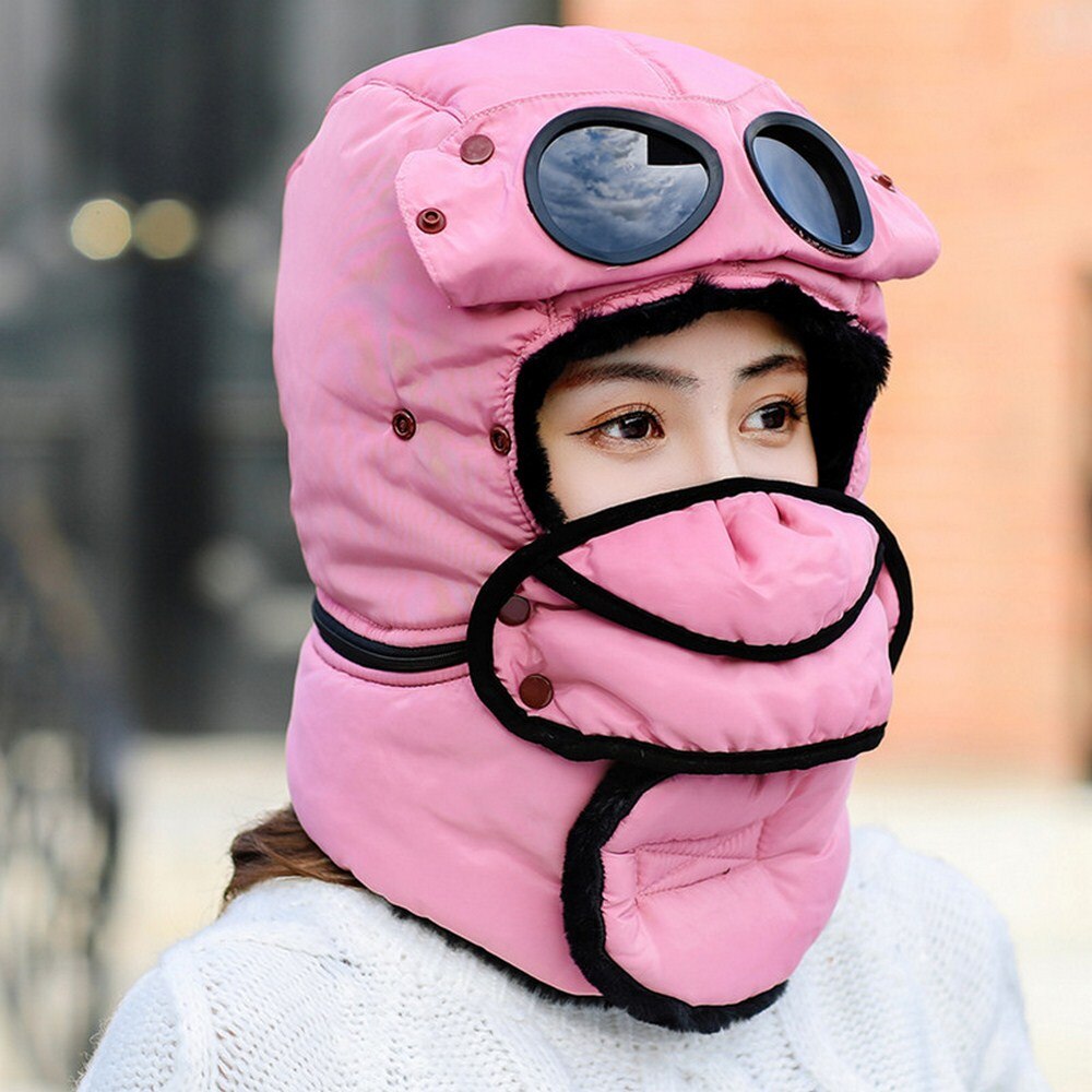 Winter Warm Hat Men Women Riding Cap Scarf Thick Earflap Outdoor Windproof Lei Feng Cap Ski Anti-fog Hiking Cotton with Glasses: Pink