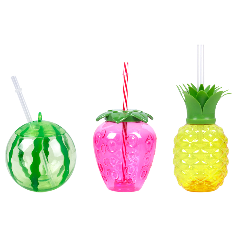 Tasse à boire en plastique en forme d'ananas/fraise/pastèque avec paille, décor hawaïen, fournitures de fête d'été sur la plage et la piscine, 6/8 pièces