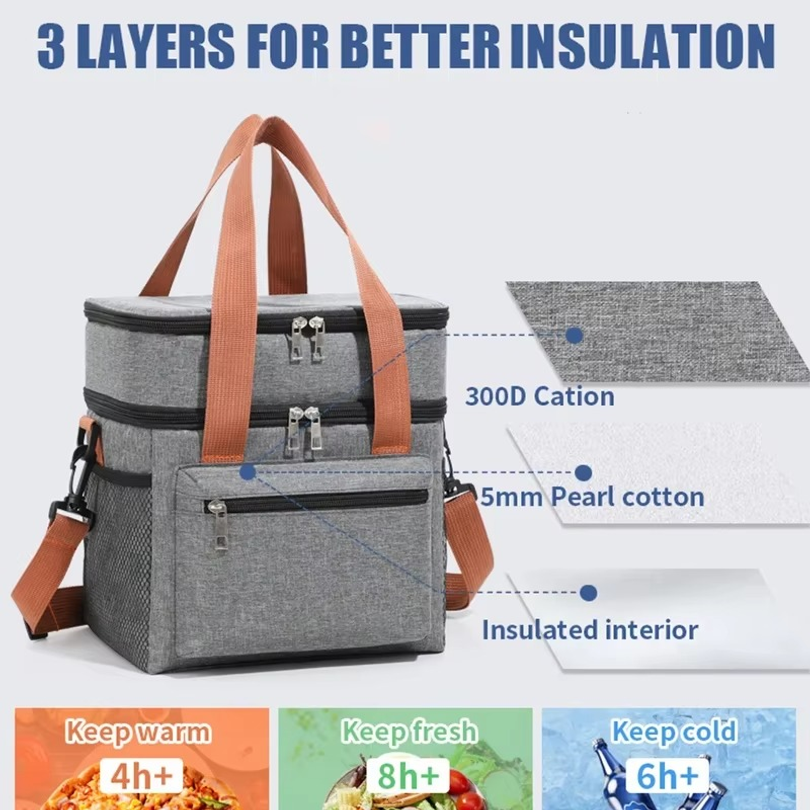 Thermal Lunch Bag Double Layers Large Capacity Lunch Boxes Bags Portable Crossbody Picnic Food Drink Storage Bag Cooler Tote