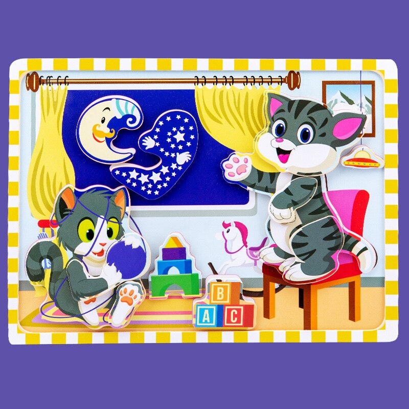 3D cartoon illustration Wooden stereo Velcro stickers jigsaw puzzle 3D sensory toys for girls and boy: 6