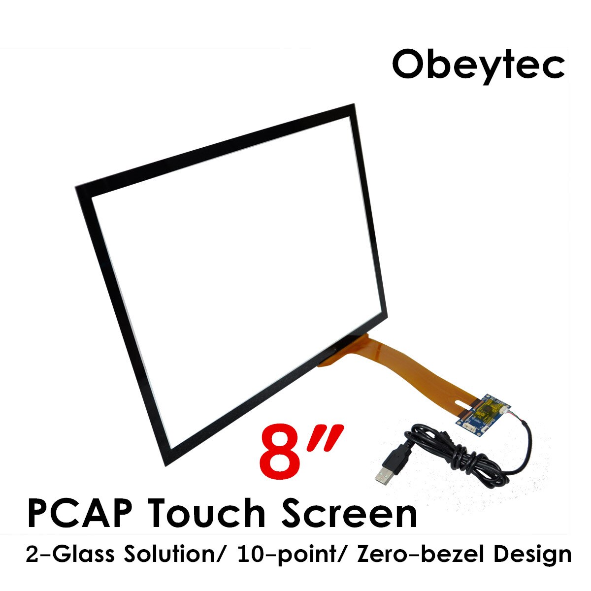 obeycrop 8" Projected Capacitive Touchscreen, 4:3, USB/I2C Controller, 3 mm Cover glass for POS, 2 glass layer, super strong