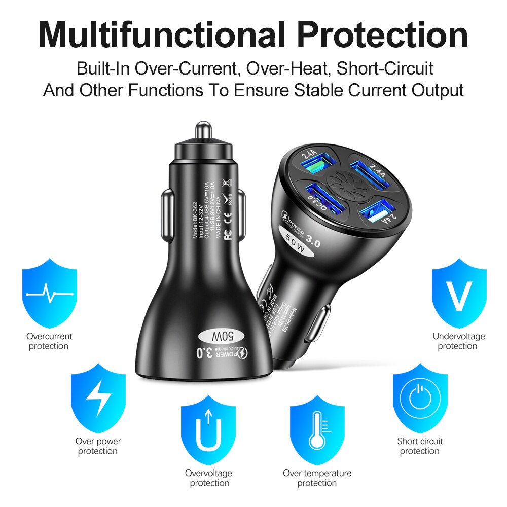 Schnell Ladung Auto Ladegerät 50W 4 USB QC 3,0 4,0 LED Schnelle Auto Zigarette Leichter praktisch USB Ladung für iPhone Samsung Huawei