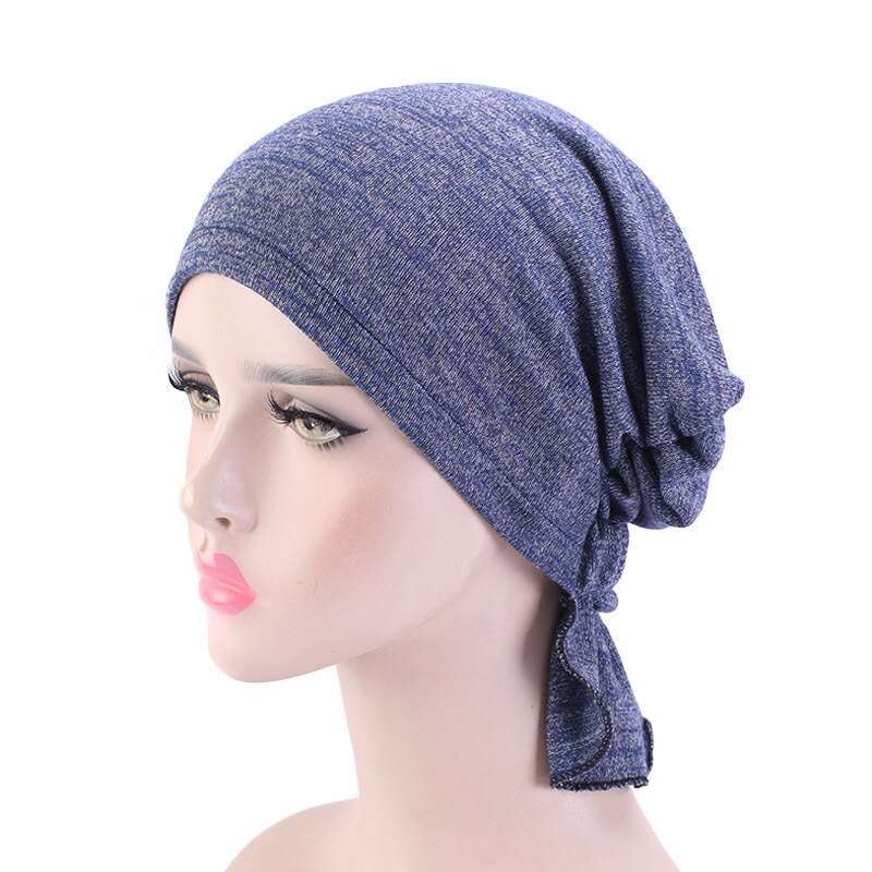 Womens Muslim Hijab Stretchy Cotton hat Turban Hair Caps Cover Hair Loss Head Scarf Wrap Pre-Tied Headwear Strech Hair Styling: Navy