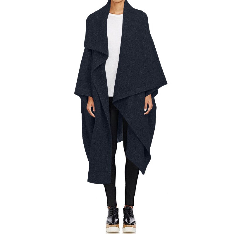 ZANZEA décontracté longue Trench femmes manteaux automne revers cou Cardigan vestes femme laine Cape Poncho grande taille hauts: Marine Bleu / M