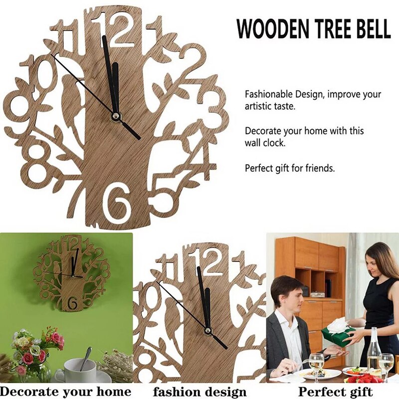 1 Pcs Big Wooden Tree Wall Clock Quartz Wood Silent Work Study Room Office Bedroom Living Room Hanging Clock Home Decor