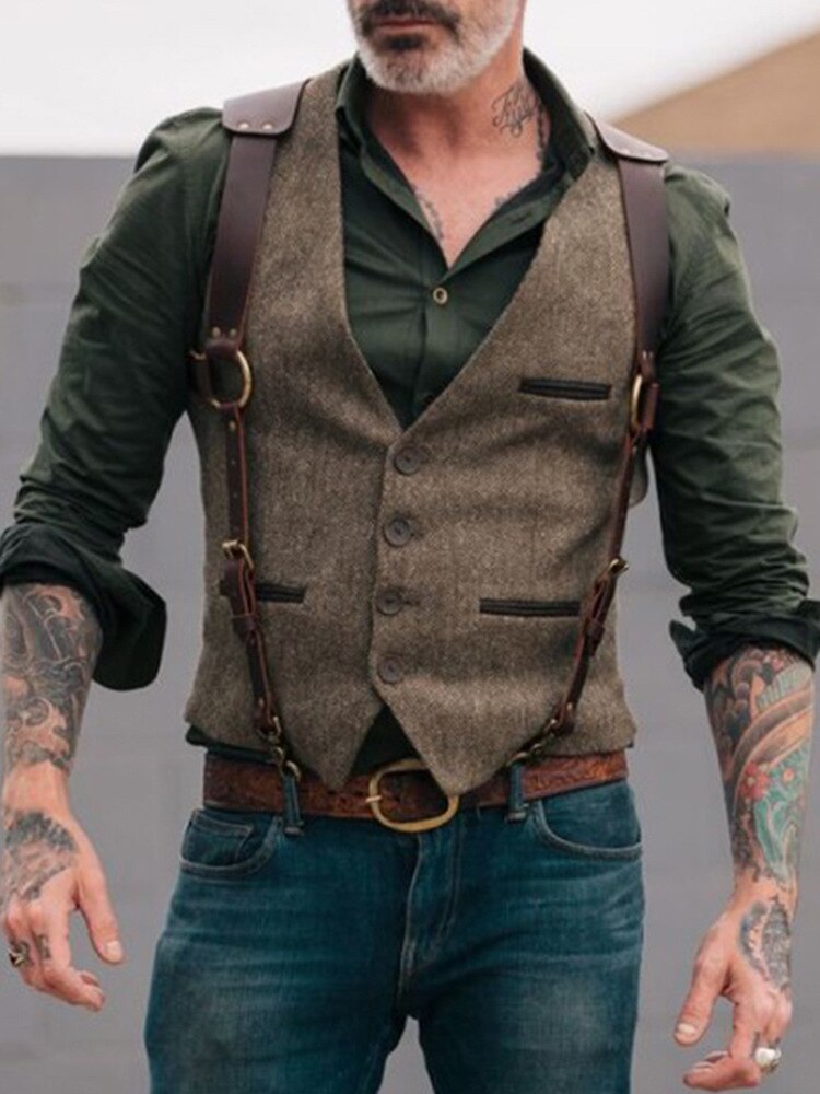 Men's Suit Vest Boutique Wool Tweed Slim Fit Leisure Cotton Male Gentleman Beckham Business Waistcoat For Wedding Groomsmen