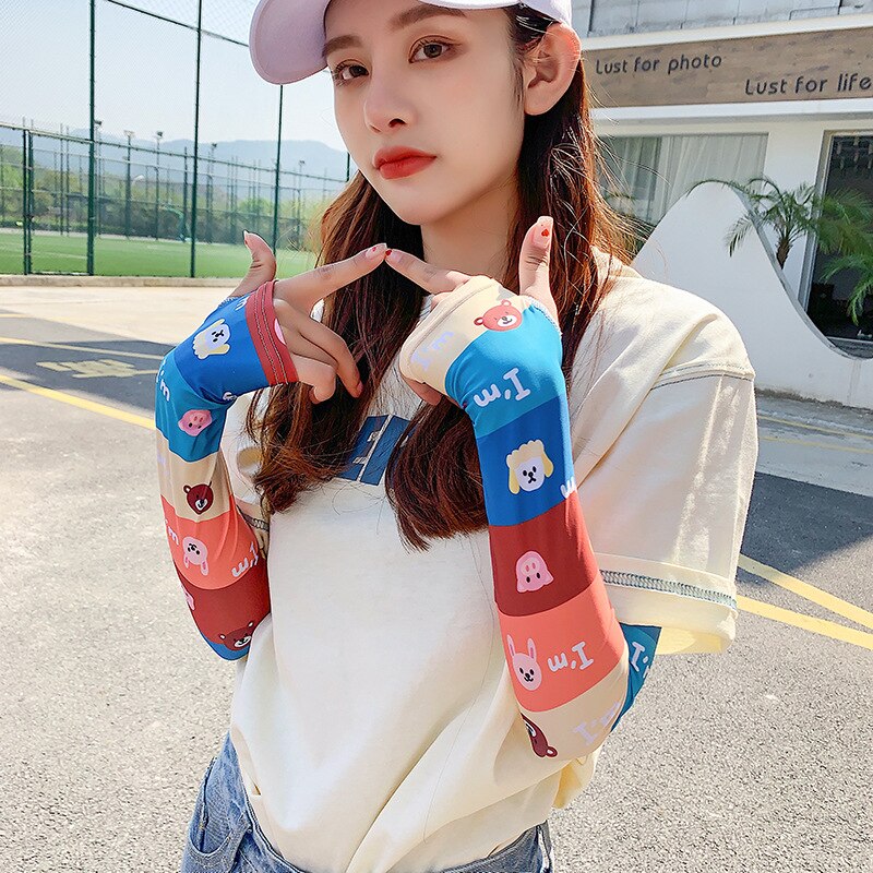 Women's Summer Net Red Ice Sleeve Cute Printing Sun Protection Oversleeves Outdoor Riding UV Protection Armband: AW7