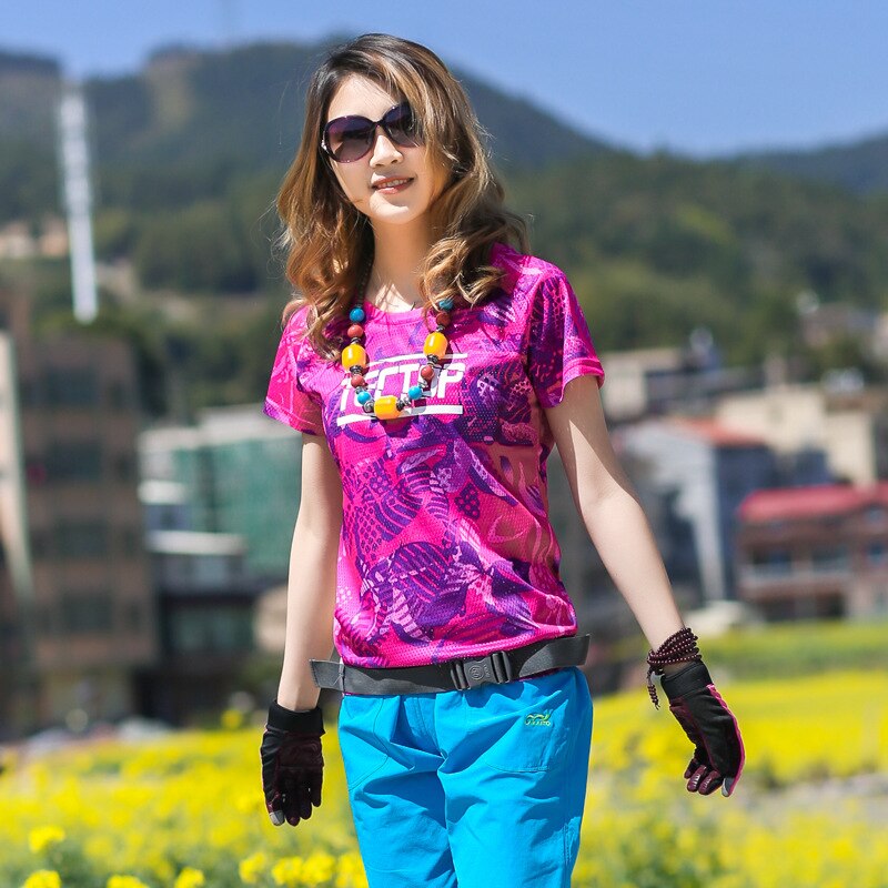 Spring Summer Women Outdoor Camouflage Flower Clothes Short Sleeve T-shirt Campng Trekking Ventilation Hike Mountaineering Sweat: roseo / L