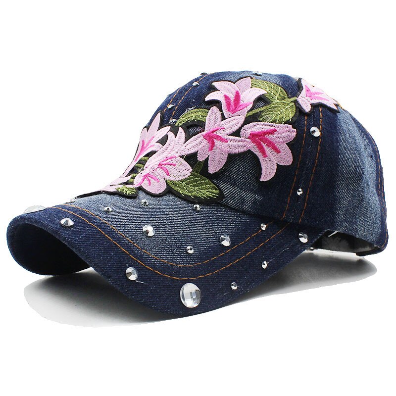 Lovingsha Rhinestones Denim Baseball Cap Spring Floral Cap Snapback Summer Cap For Girl Fitted Cap Women Cheap Hat: Default Title