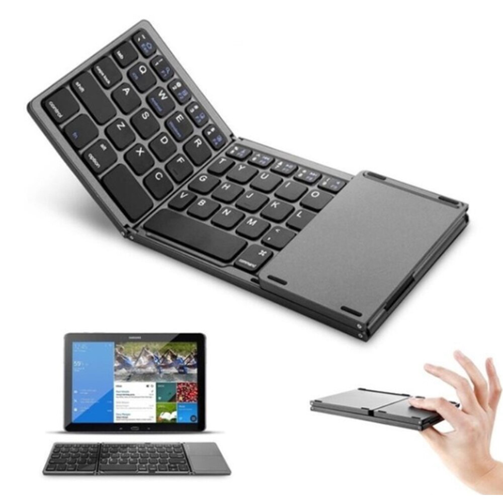 Portable Folding Bluetooth Mini Keyboard Foldable Wireless Klavye Touchpad Russian En Keypad for IOS/Android/Windows ipad Tablet: Three fold black