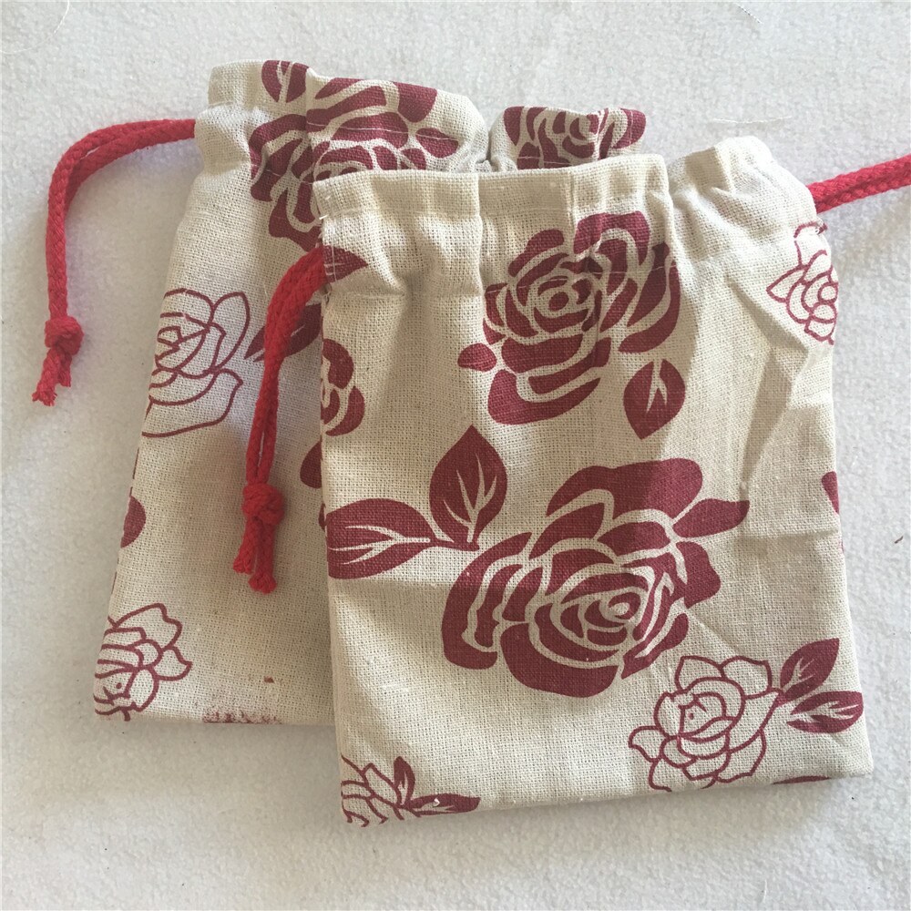 YILE Cotton Linen Drawstring Multi-purpose Pouch Party Bag Red Rose Flower Red String 8201c