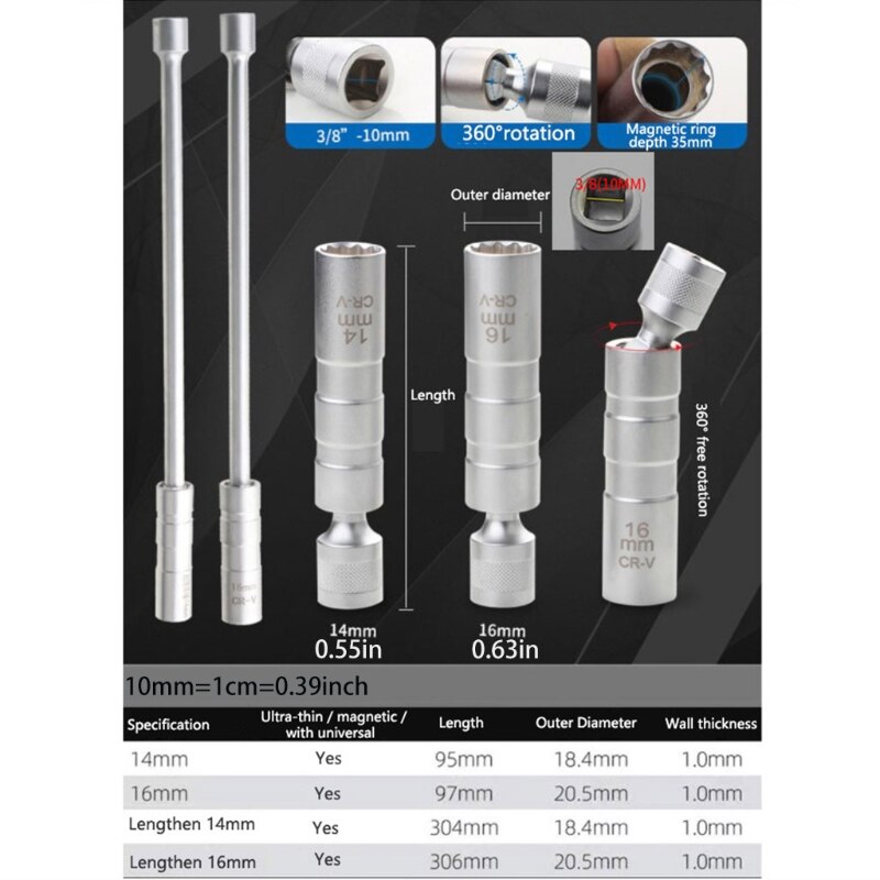 Thin Wall Spark Plug Socket Extension 3/8-Inch Square Drive Magnetic Socket