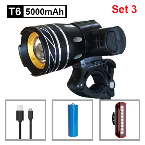NEWBOLER 800LM Taschenlampe Für Fahrrad T6 Zoom LED Scheinwerfer USB Ladung Fahrrad Front Licht Set Wasserdicht Rücklicht Bike Accessorys: 5000mAh Set 3