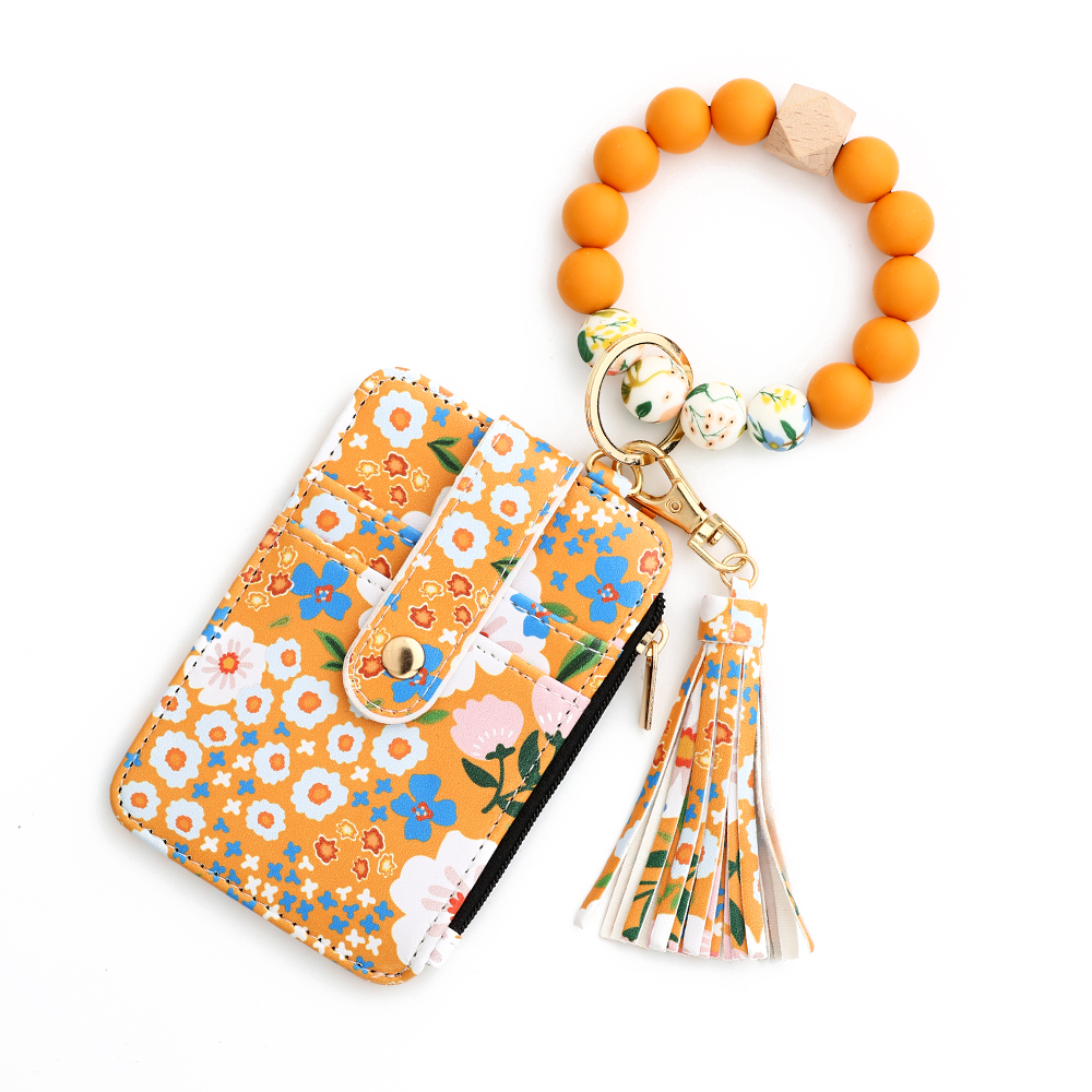 Silicone bead pu leather key chain wristlet id credit card holder keychain wallet for women Pink Flower Print Wallet: SKY BLUE